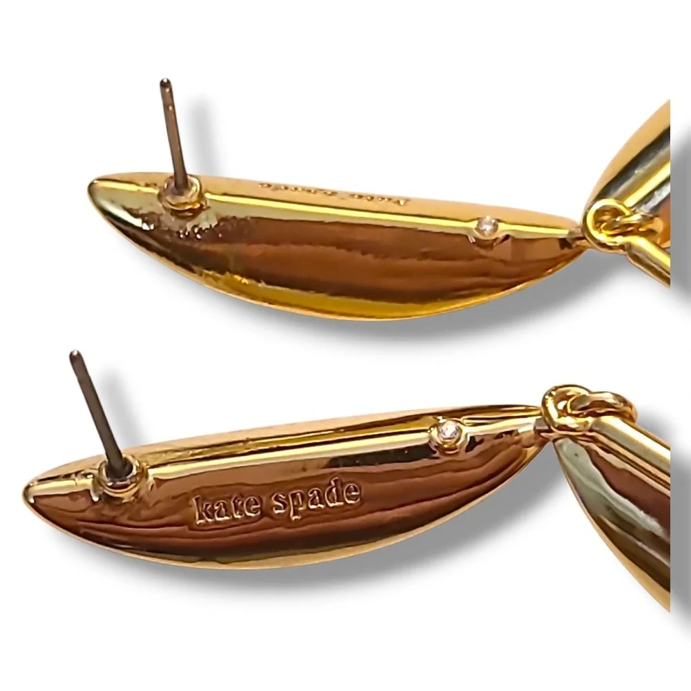 Kate Spade Best Buds Earrings Green Enamel Leaves Coral Drop Gold Tone - Picture 2 of 2